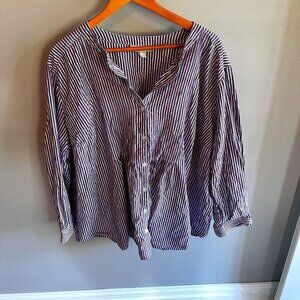 Woman Within blouse Long sleeve Purple White Stripped Plus Size 3X Cotton